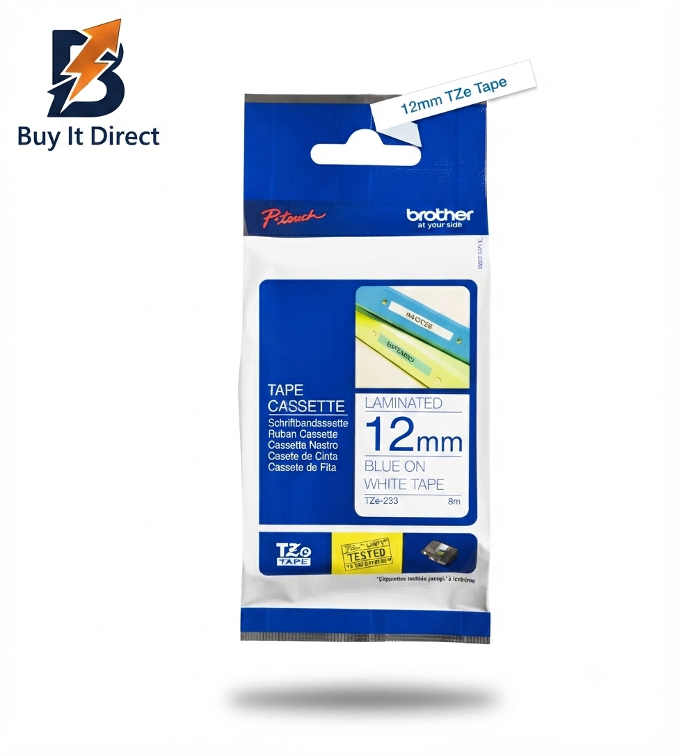 Brother Genuine TZe-233 Labelling Tape Cassette – Blue on White, 12mm Wide