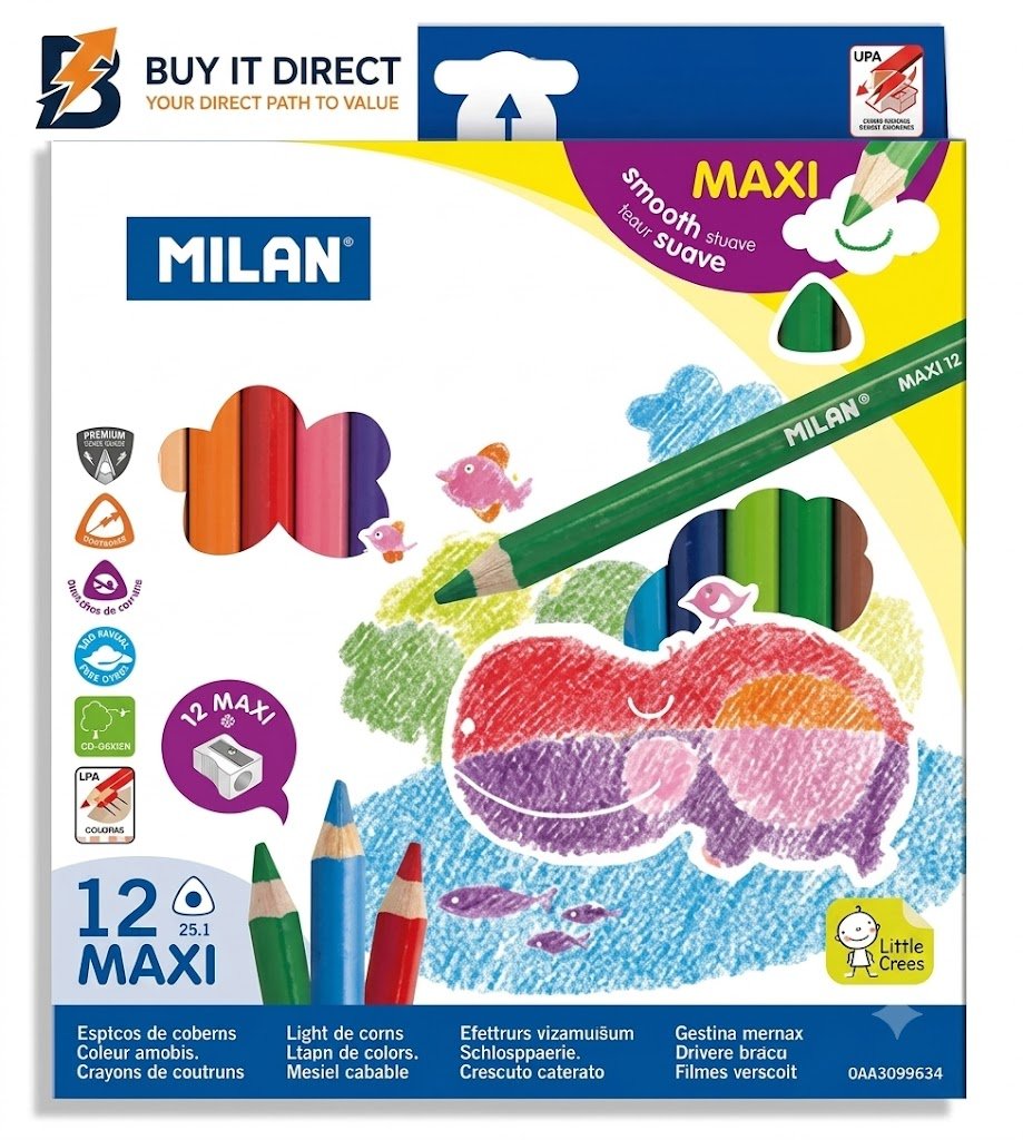 BOX OF 12 MAXI TRIANGULAR COLOURED PENCILS MILAN