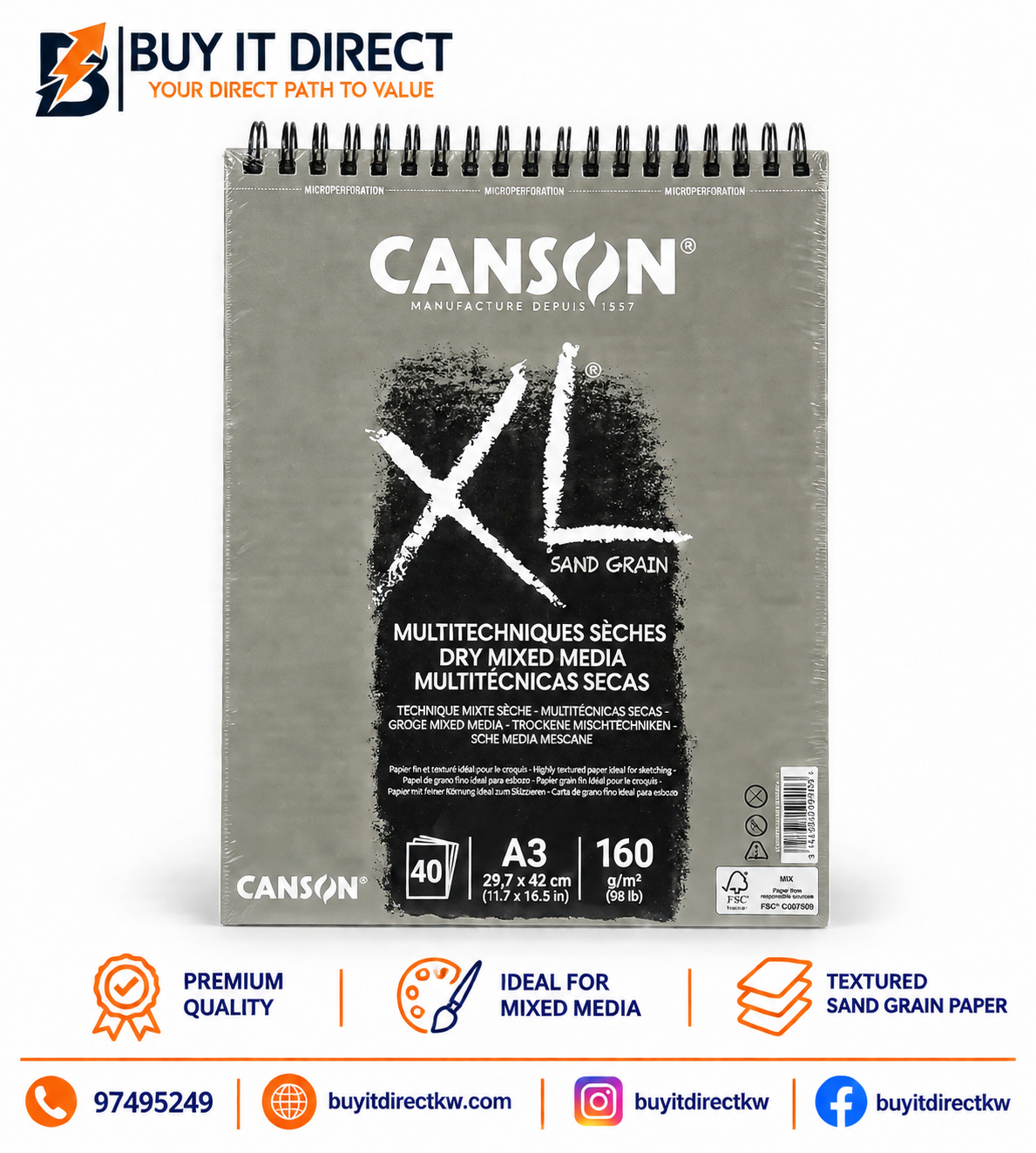Canson XL Multitechnique Sand Grain Paper A3 160 gsm 40 Sheets
