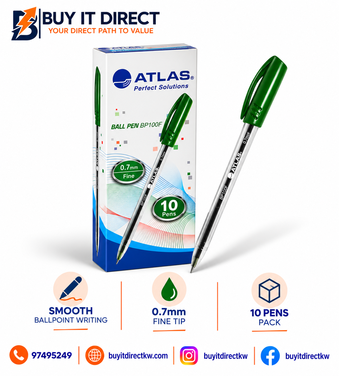 Ball Pens BP100F Green Pack of 10