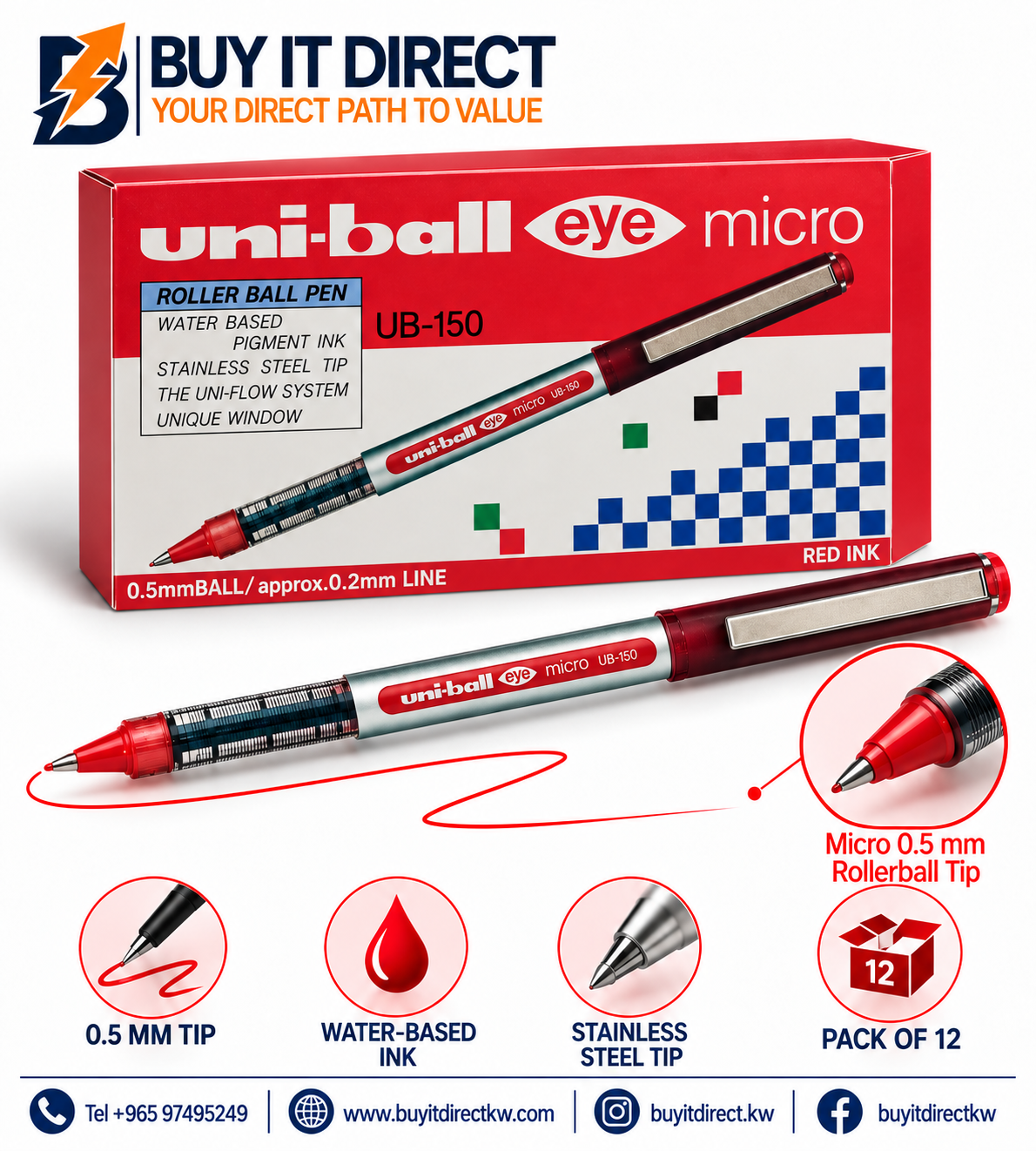 أقلام uni-ball Eye Micro UB-150 أحمر - عبوة 12 قلم