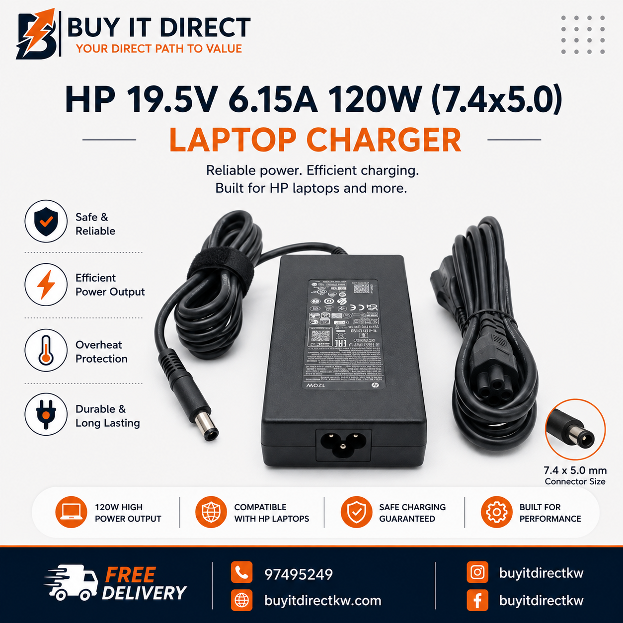 شاحن لابتوب HP بقوة 120 واط 19.5 فولت 6.15 أمبير مع كابل طاقة 7.4 × 5.0 مم