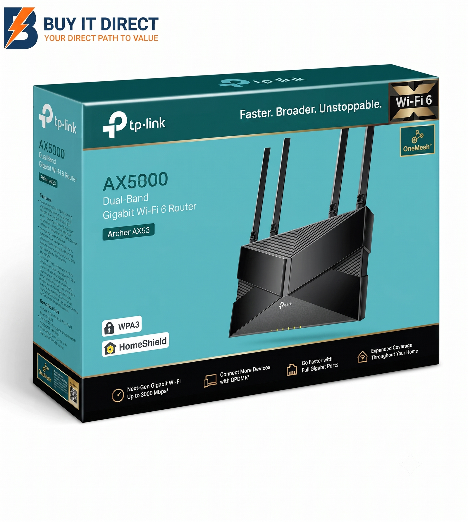 TP-Link (Archer AX53) AX3000 Dual Band Gigabit Wi-Fi 6 Router - 5 GHz(2402 Mbps) / Gigabit WAN / Gigabit LAN