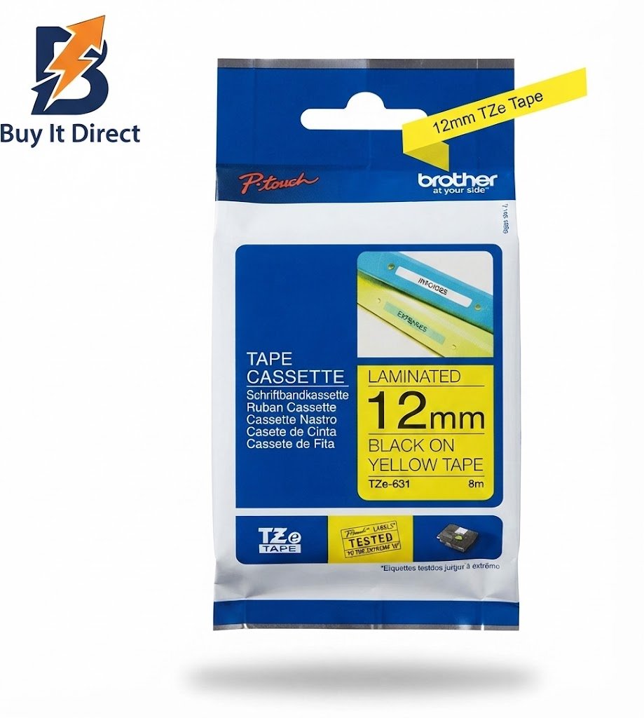 Brother Genuine TZe-631 Labelling Tape – Black on Yellow, 12mm wide