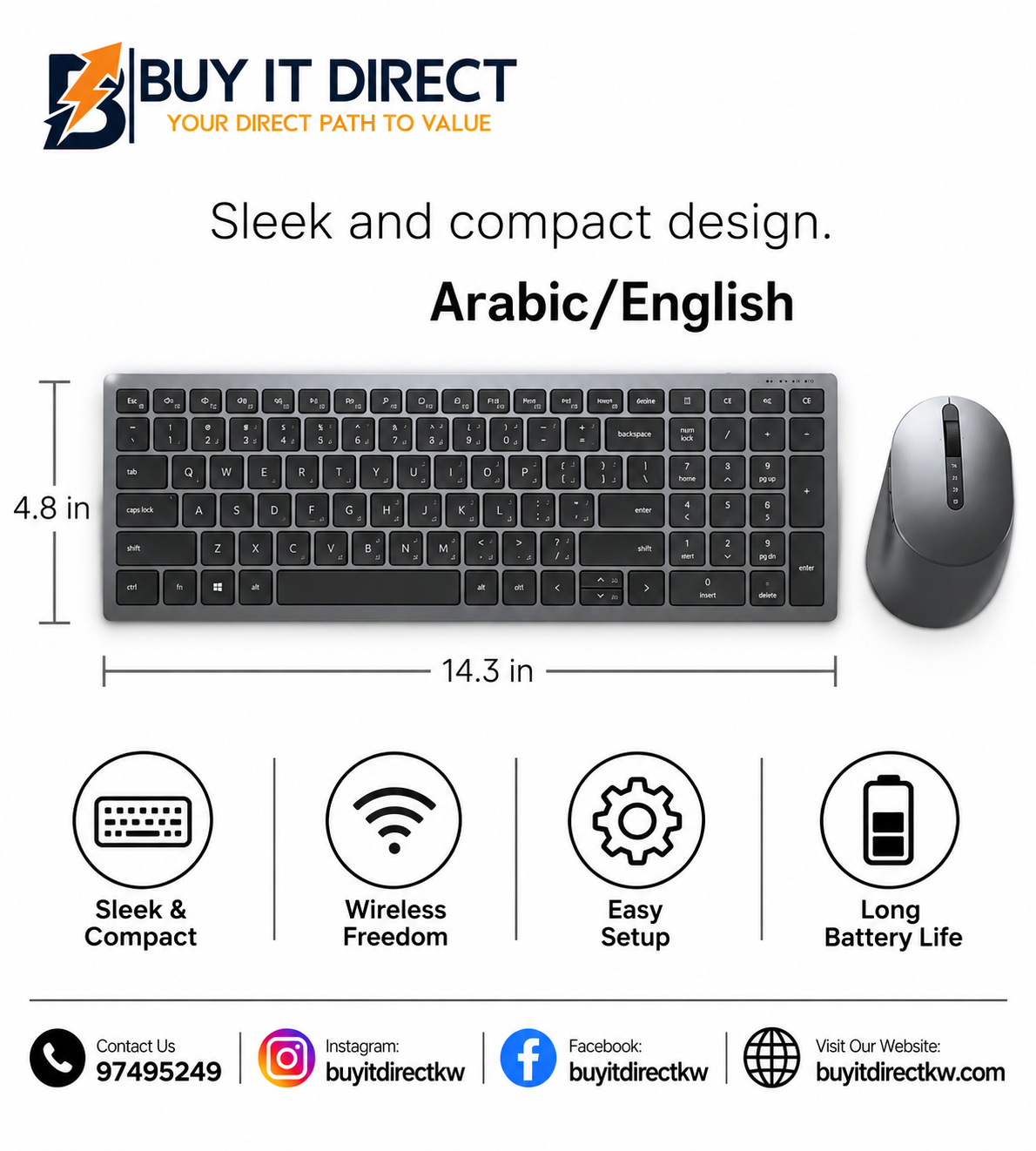 Dell Pro Plus KM7120W Compact Wireless Keyboard and Mouse Combo Arabic English 3 Devices KM7120W
