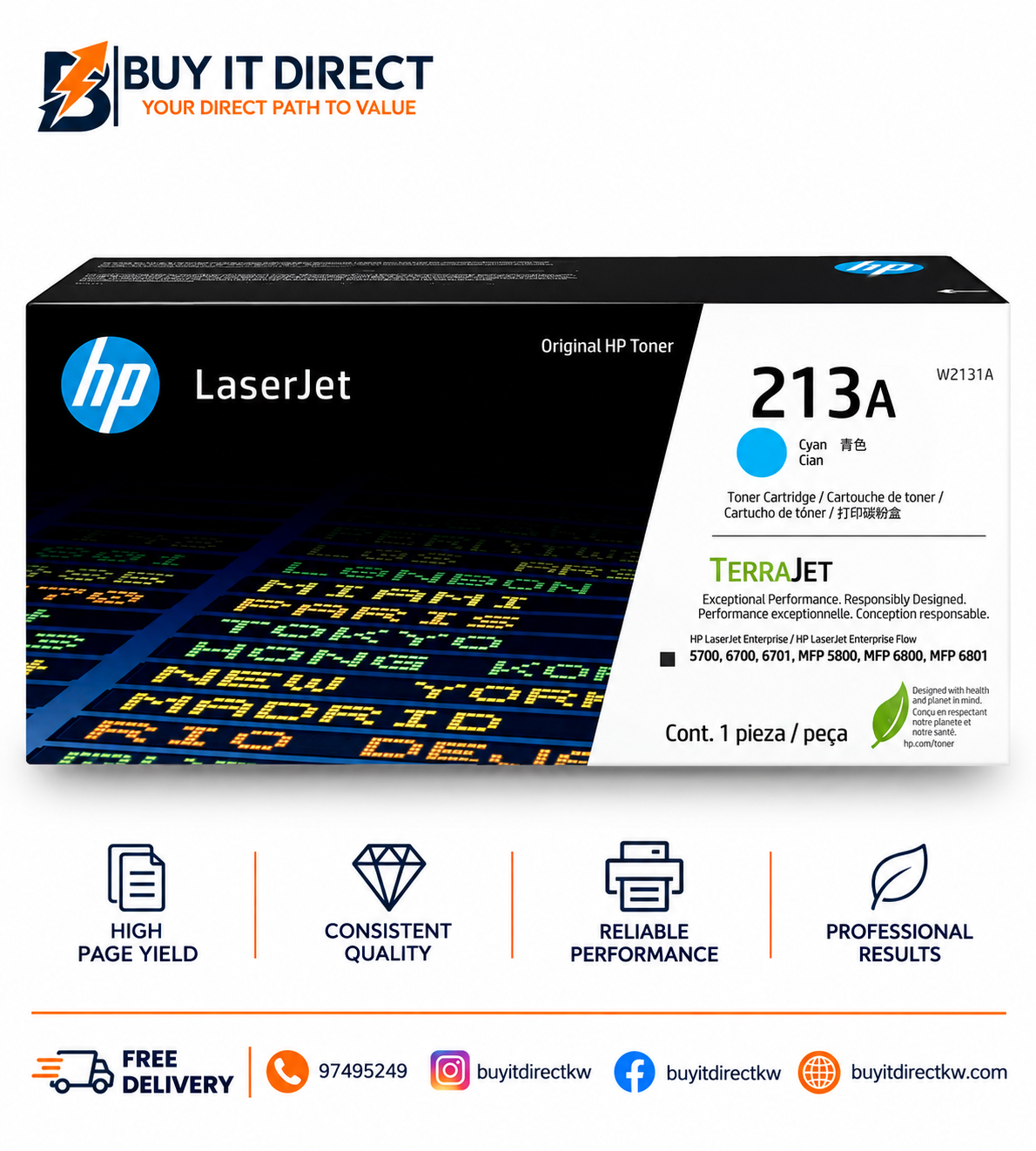 خرطوشة حبر HP 213A أصلية لطابعات LaserJet باللون السماوي 3000 صفحة W2131A