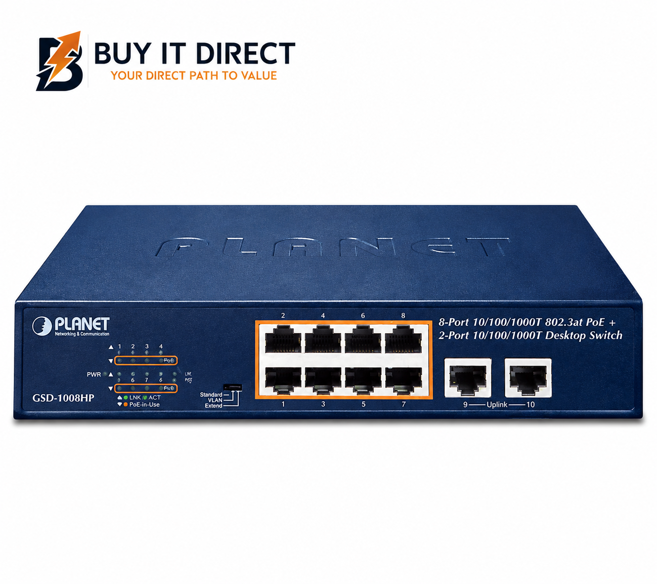 Planet GSD 1008HP 8 Port Gigabit 802.3at PoE Plus 2 Port Gigabit Desktop Switch 120W