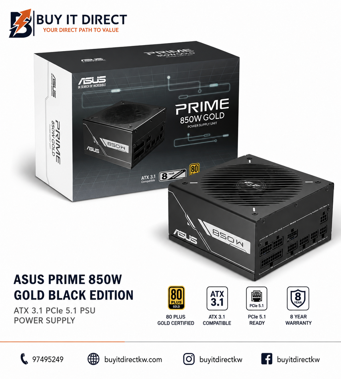 مزود طاقة اسوس برايم 850 واط جولد بلاك ايديشن ATX 3.1 PCIe 5.1 أسود