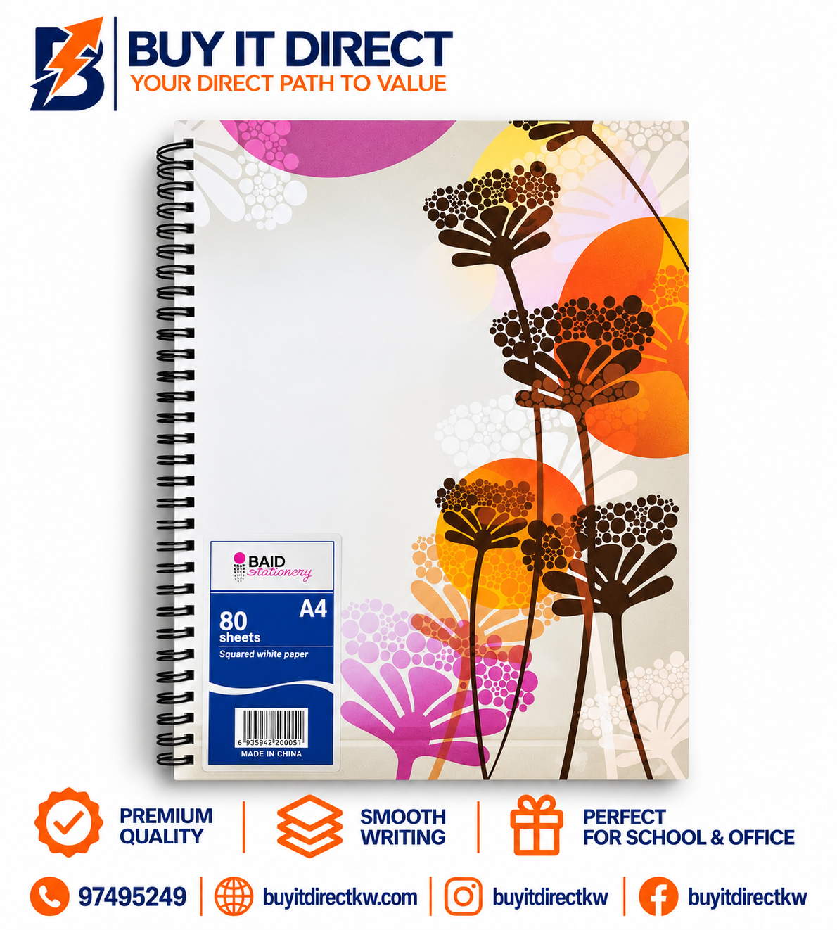 BAID Spiral Notebook A4 Squared 80 Sheets Floral Cover