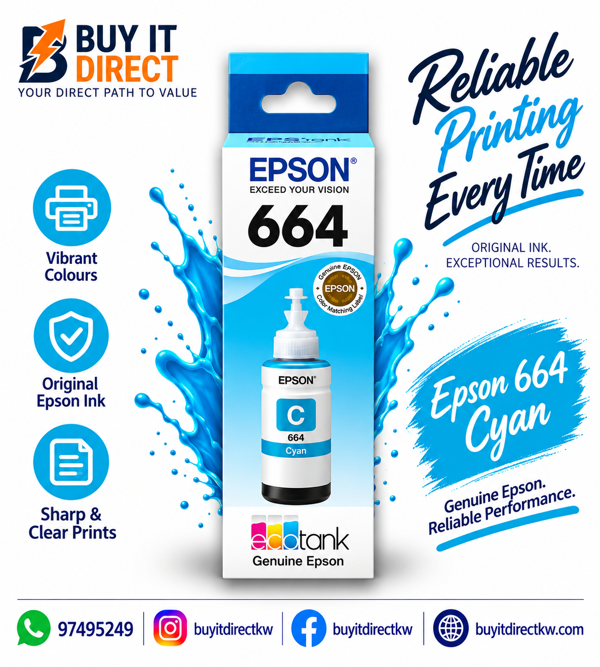 Epson 664 EcoTank Cyan Original Ink Bottle – C13T66424A