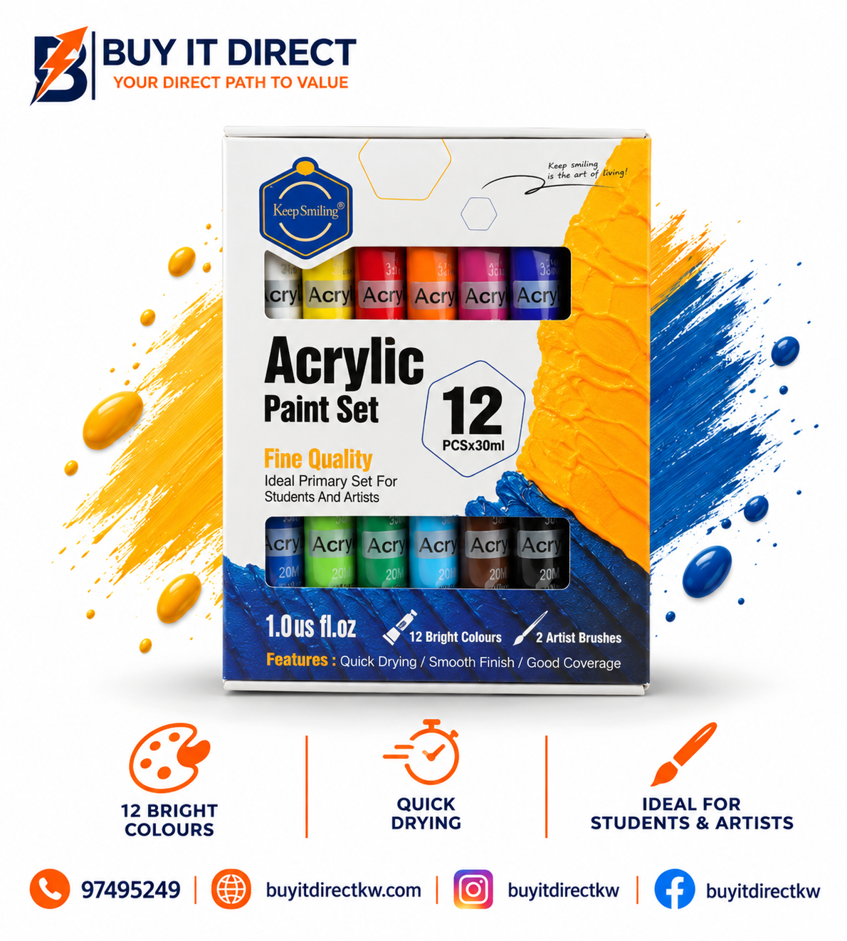 Keep Smiling Acrylic Paint Set 12 Pcs x 30 ml