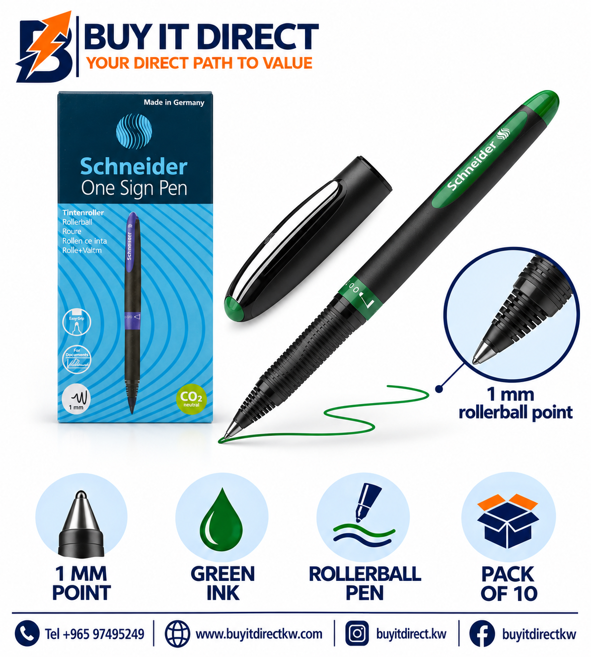 أقلام Schneider One Sign رولر بول 1 مم أخضر - عبوة 10 أقلام