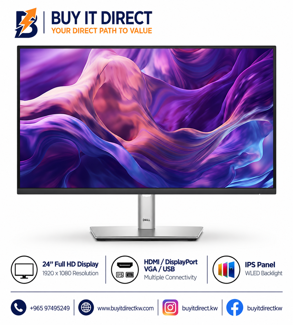 شاشة Dell P2425H مقاس 24 بوصة - FHD / 1920x1080 / 5ms / WLED / IPS / HDMI / DP / VGA / USB