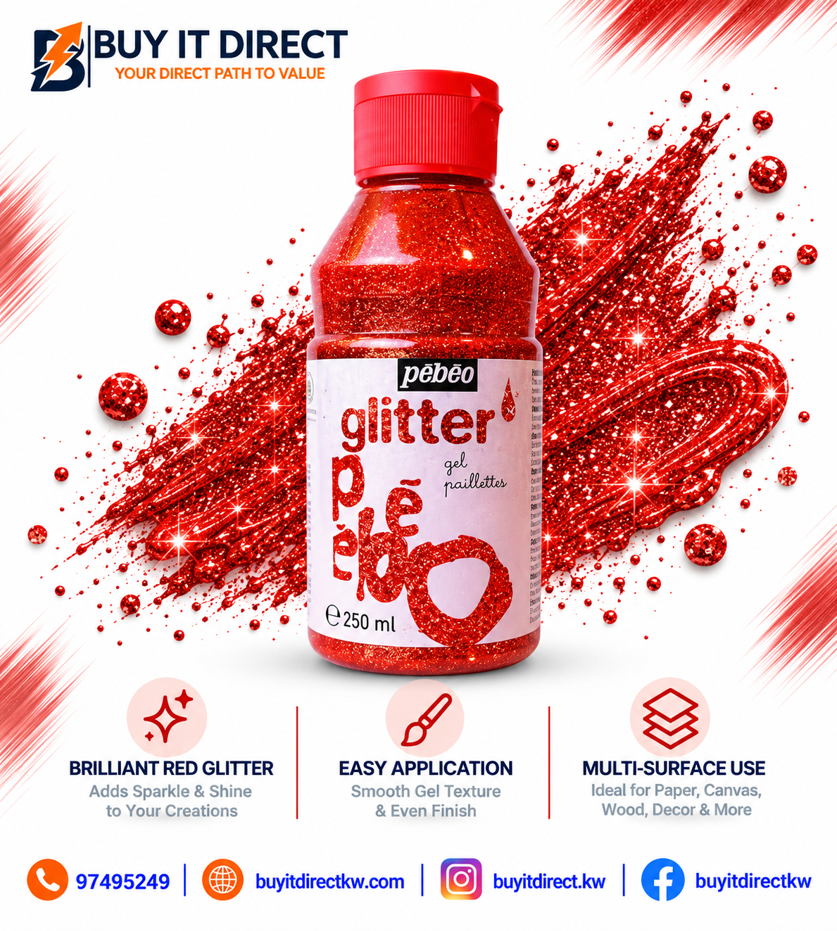 جل جليتر Paillettes أحمر pebeo - سعة 250 مل