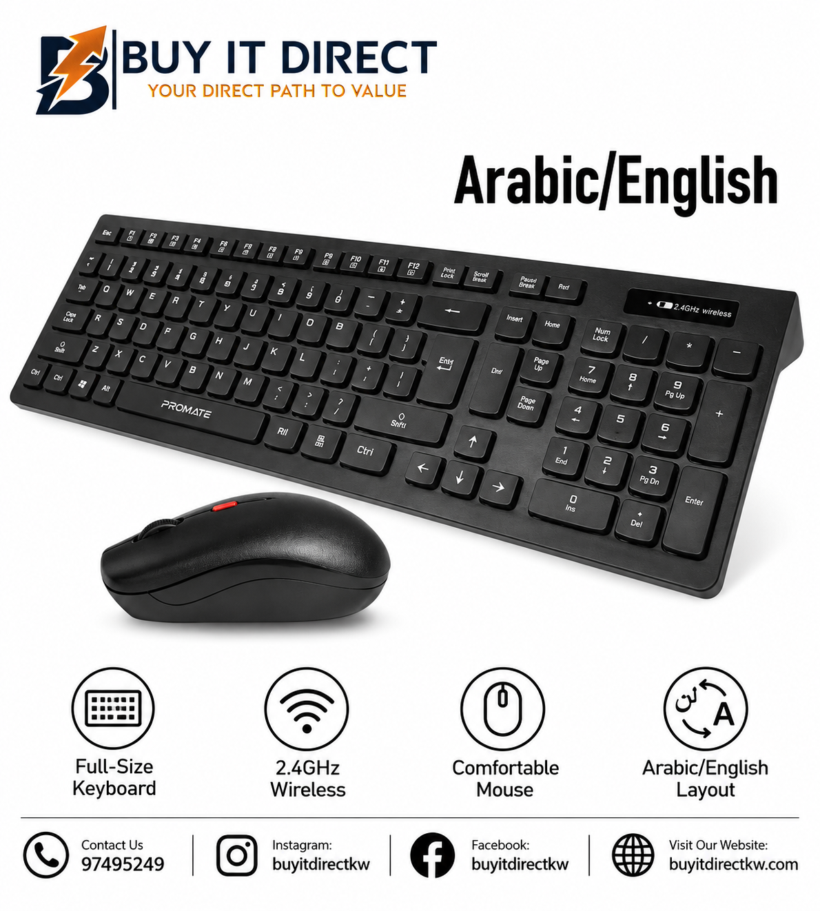 Promate ProCombo-12 Wireless Keyboard and Mouse Combo Arabic English ProCombo-12