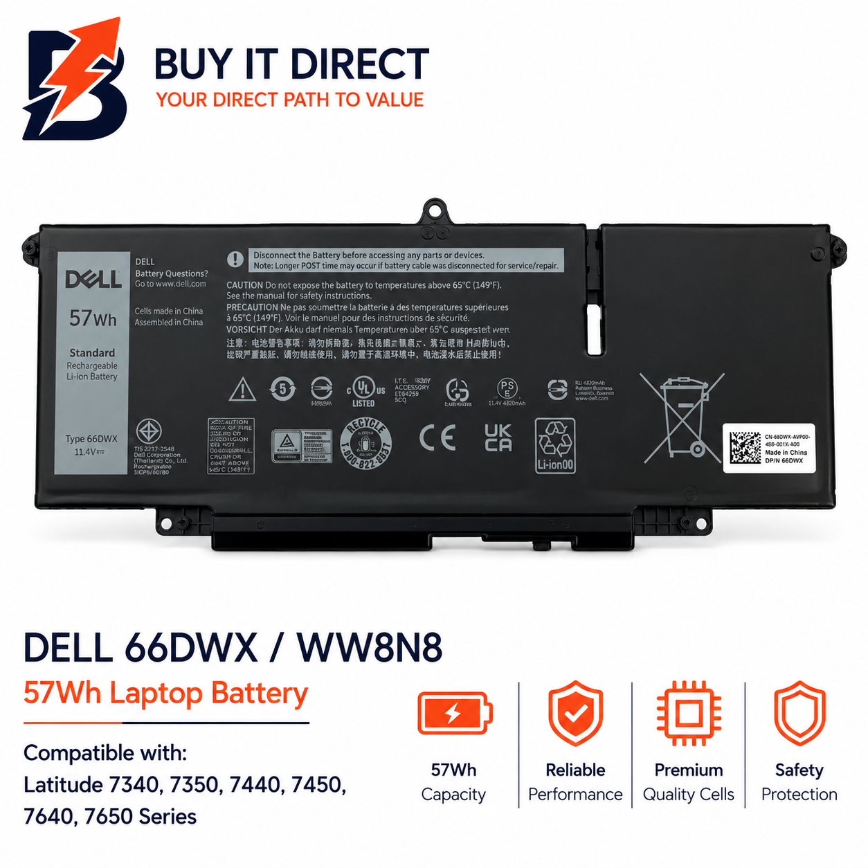 بطارية لابتوب ديل 66DWX وWW8N8 بسعة 57 واط ساعة متوافقة مع سلسلة Latitude 7340 و7350 و7440 و7450 و7640 و7650