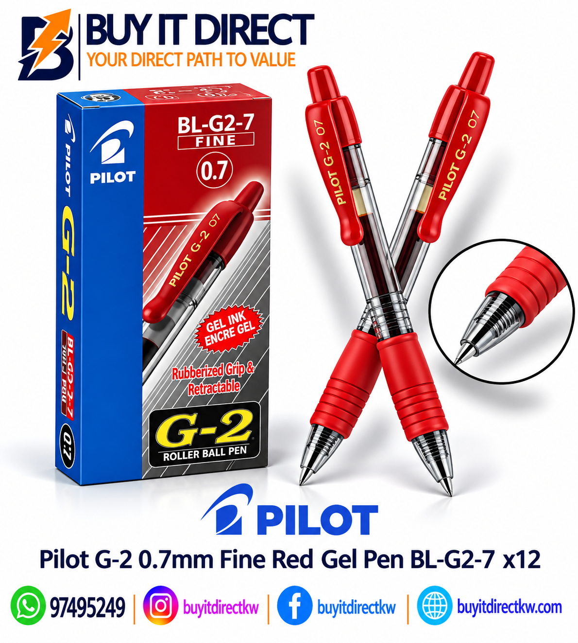أقلام Pilot G-2 أحمر 0.7 مم رفيع – عبوة 12 قلم