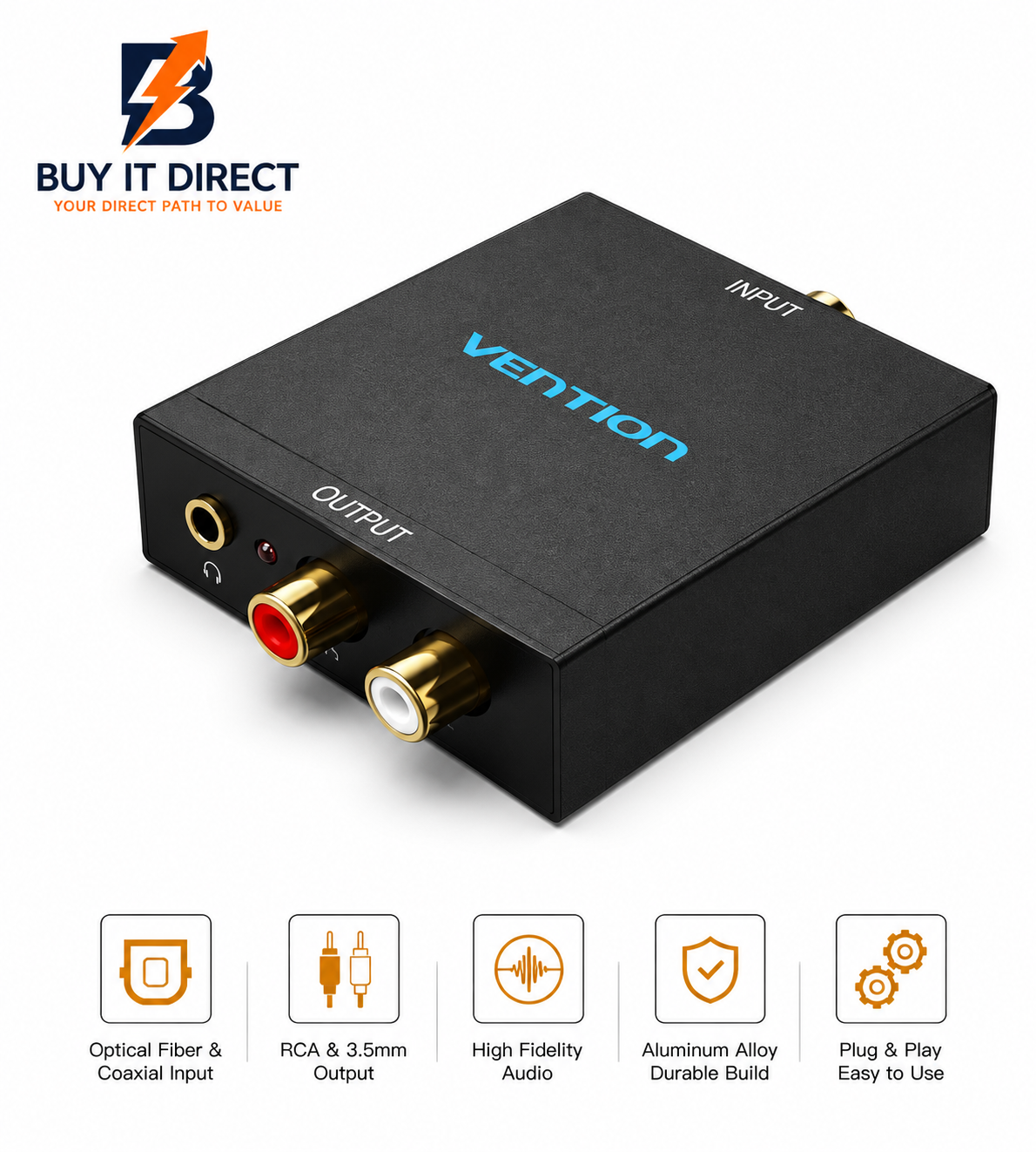 Optical Fiber Coaxial Digital Audio to 3.5mm 2RCA Audio Converter Black Aluminum Alloy
