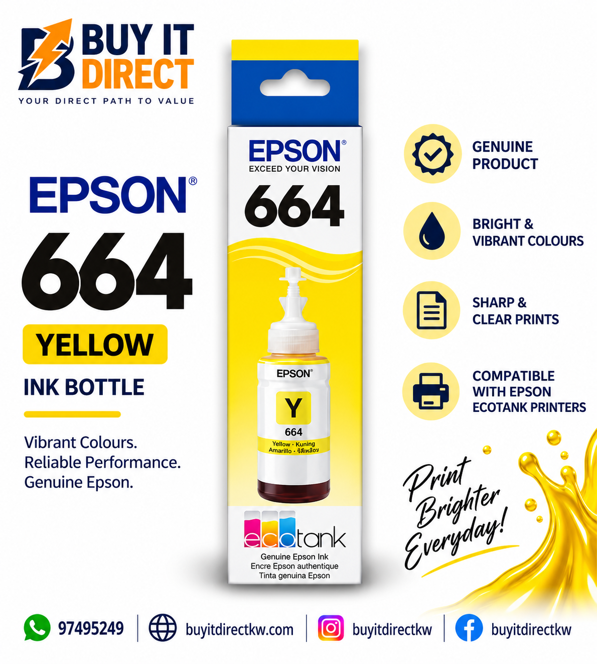 Epson 664 EcoTank Yellow Original Ink Bottle – C13T66444A