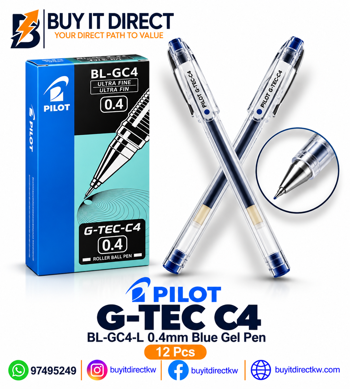 أقلام Pilot G-TEC C4 بحبر جل أزرق مقاس 0.4 مم – 12 قطعة