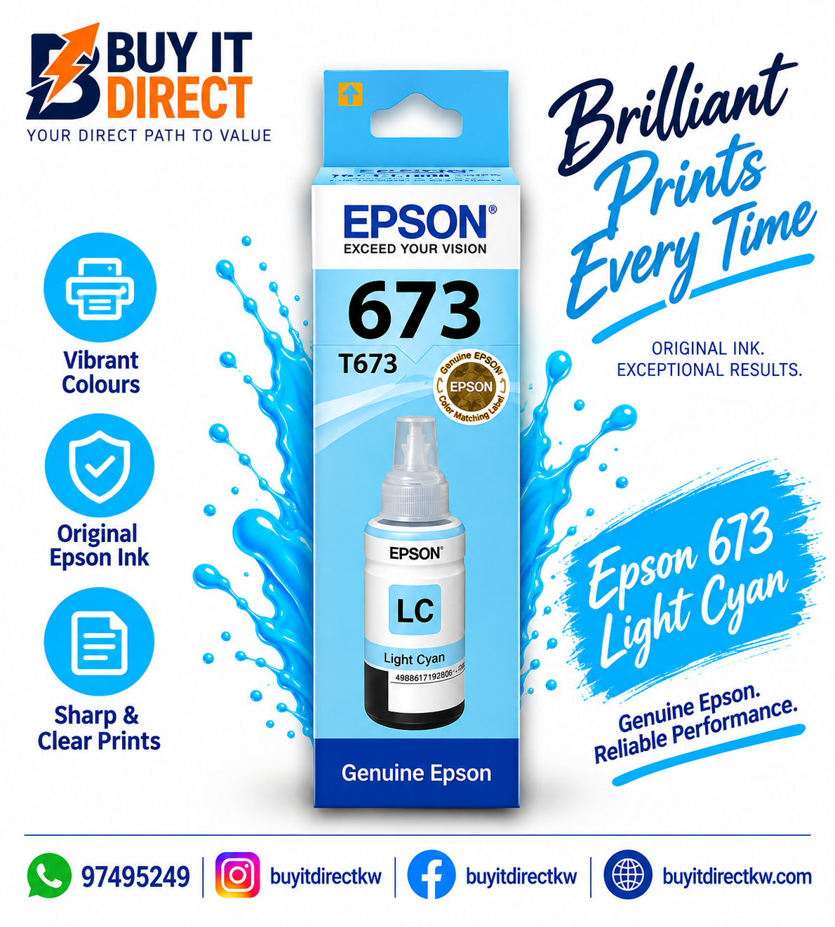Epson T673 Cyan Original Ink Bottle – C13T67324A