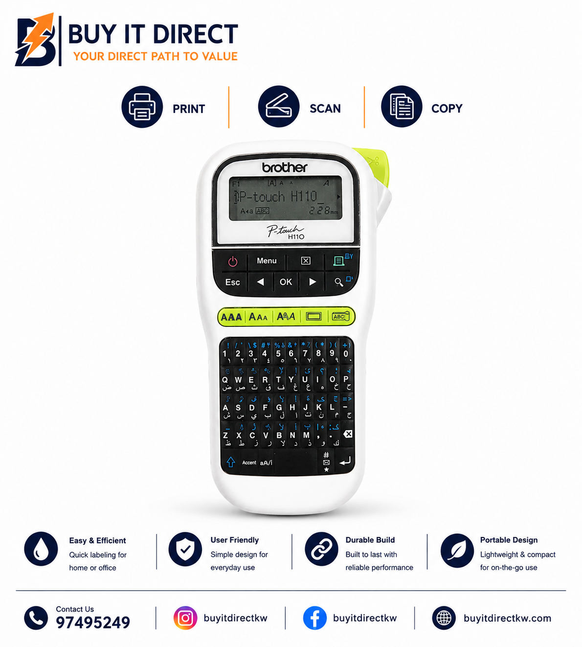 طابعة الملصقات Brother PT-H110 محمولة 180 dpi بعرض شريط يصل إلى 12 مم – أبيض