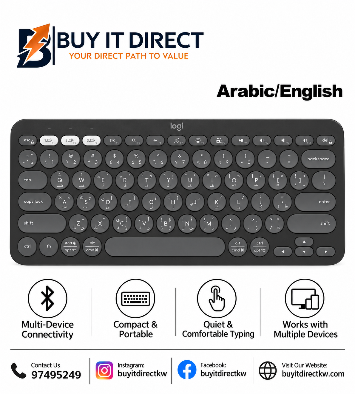 لوحة مفاتيح Logitech K380s Pebble Keys 2 الرفيعة بتقنية Bluetooth باللون Graphite عربي وإنجليزي