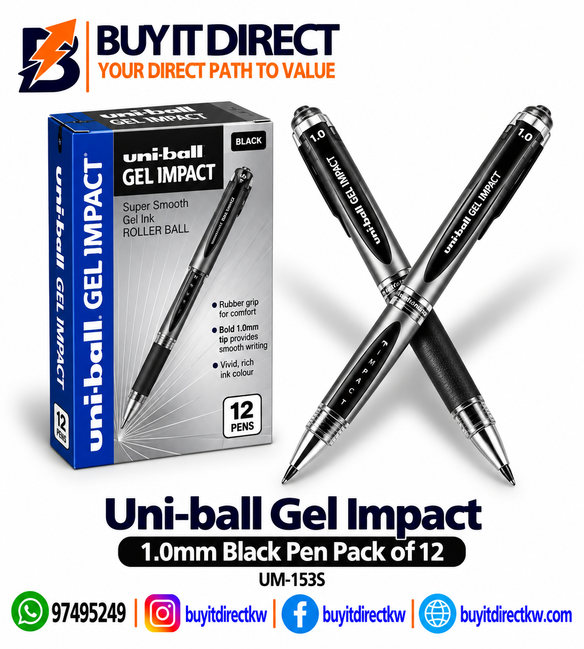 UNI-BALL GEL IMPACT 1.0 BLACK PEN — PACK OF 12