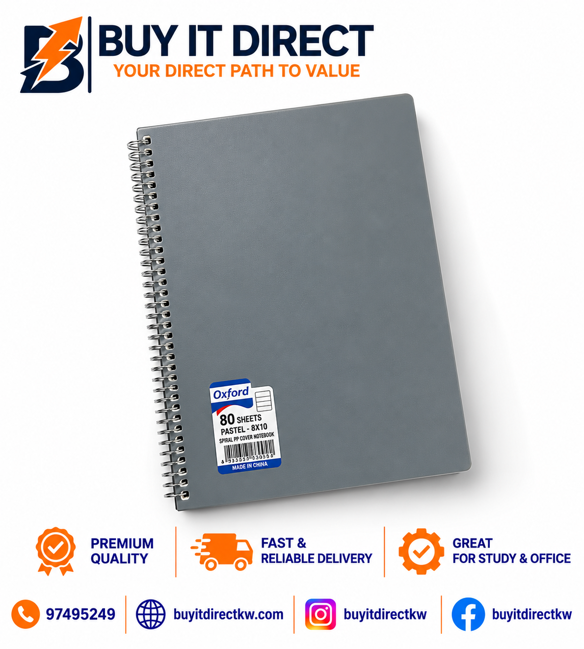 Oxford Spiral Cover Notebook Grey 80 Sheets