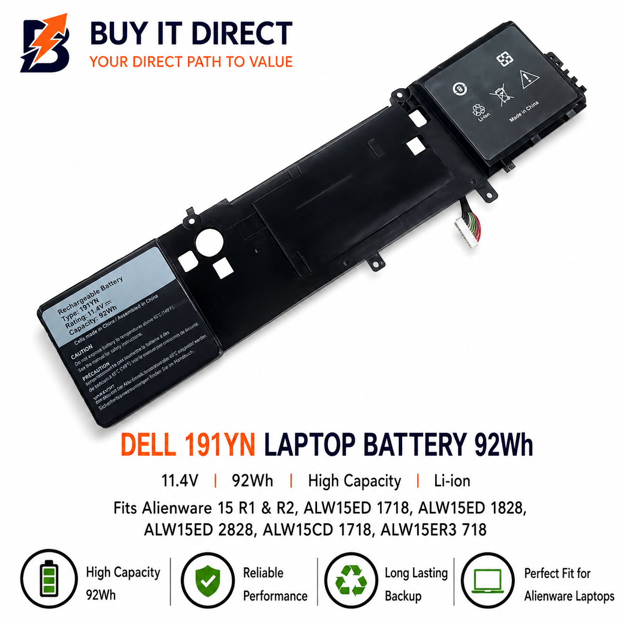 DELL 191YN Laptop Battery 92Wh Fits Alienware 15 R1 R2 ALW15ED 1718 ALW15ED 1828 ALW15ED 2828 ALW15CD 1718 ALW15ER3 718
