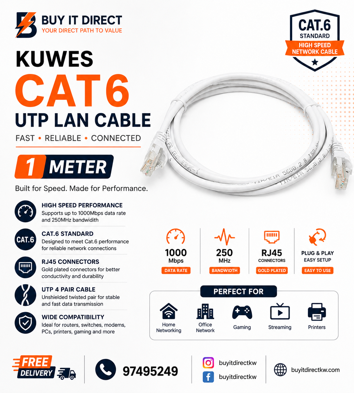 Kuwes CAT6 1 Meter UTP LAN Network Cable