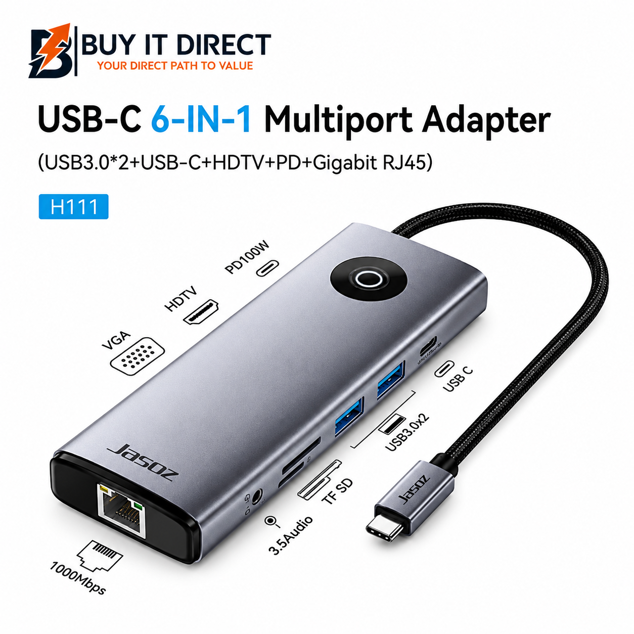 Jasoz H111 Type C 6 In 1 Docking Station HDMI USB 3.0 USB C RJ45 PD Space Gray