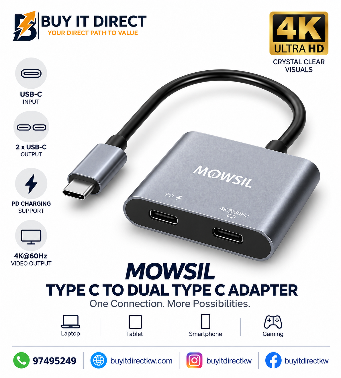 محول MOWSIL USB C إلى USB C مزدوج 4K PD MOCDC