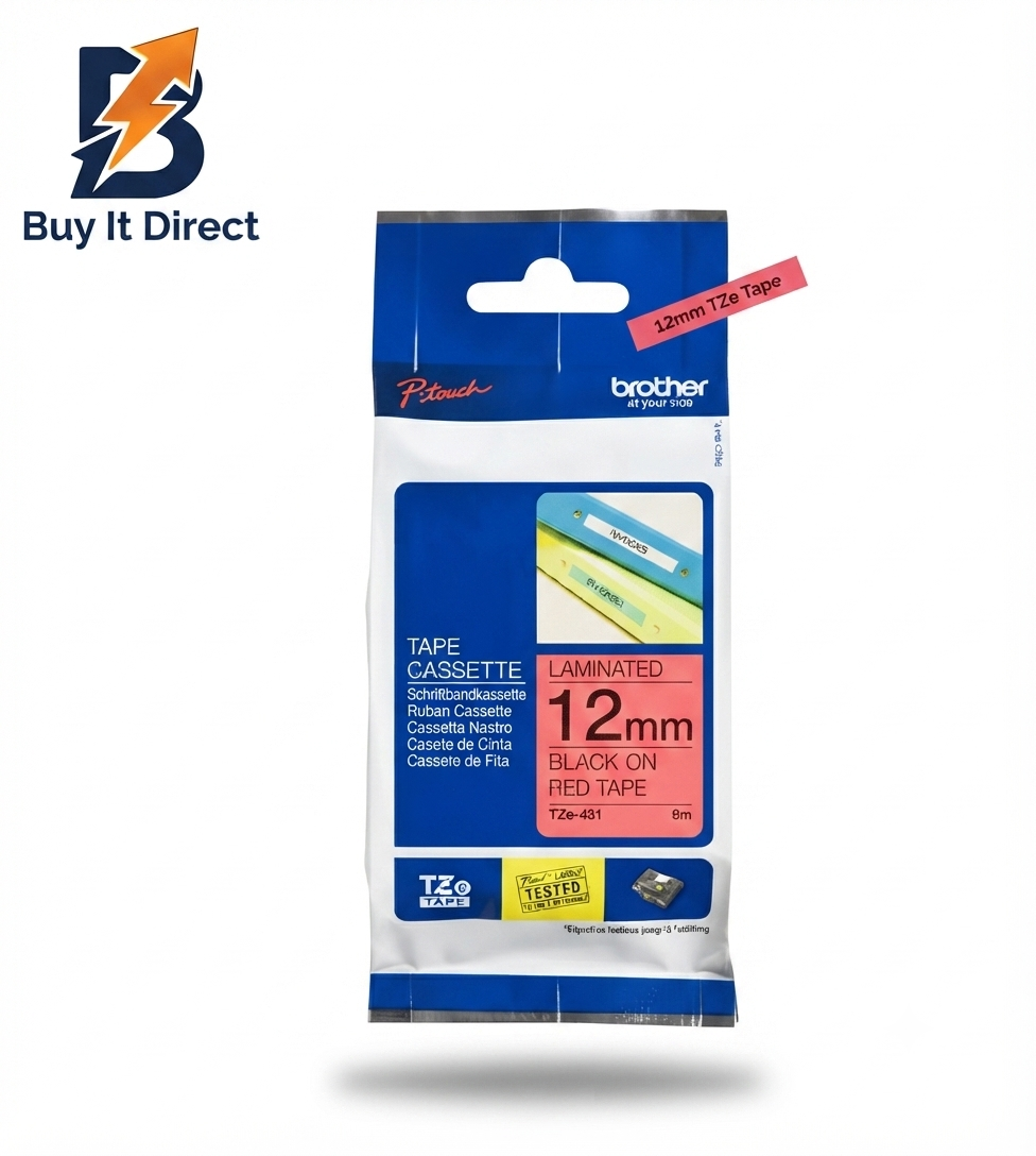 Brother Genuine TZe-431 Labelling Tape Cassette – Black on Red, 12mm Wide