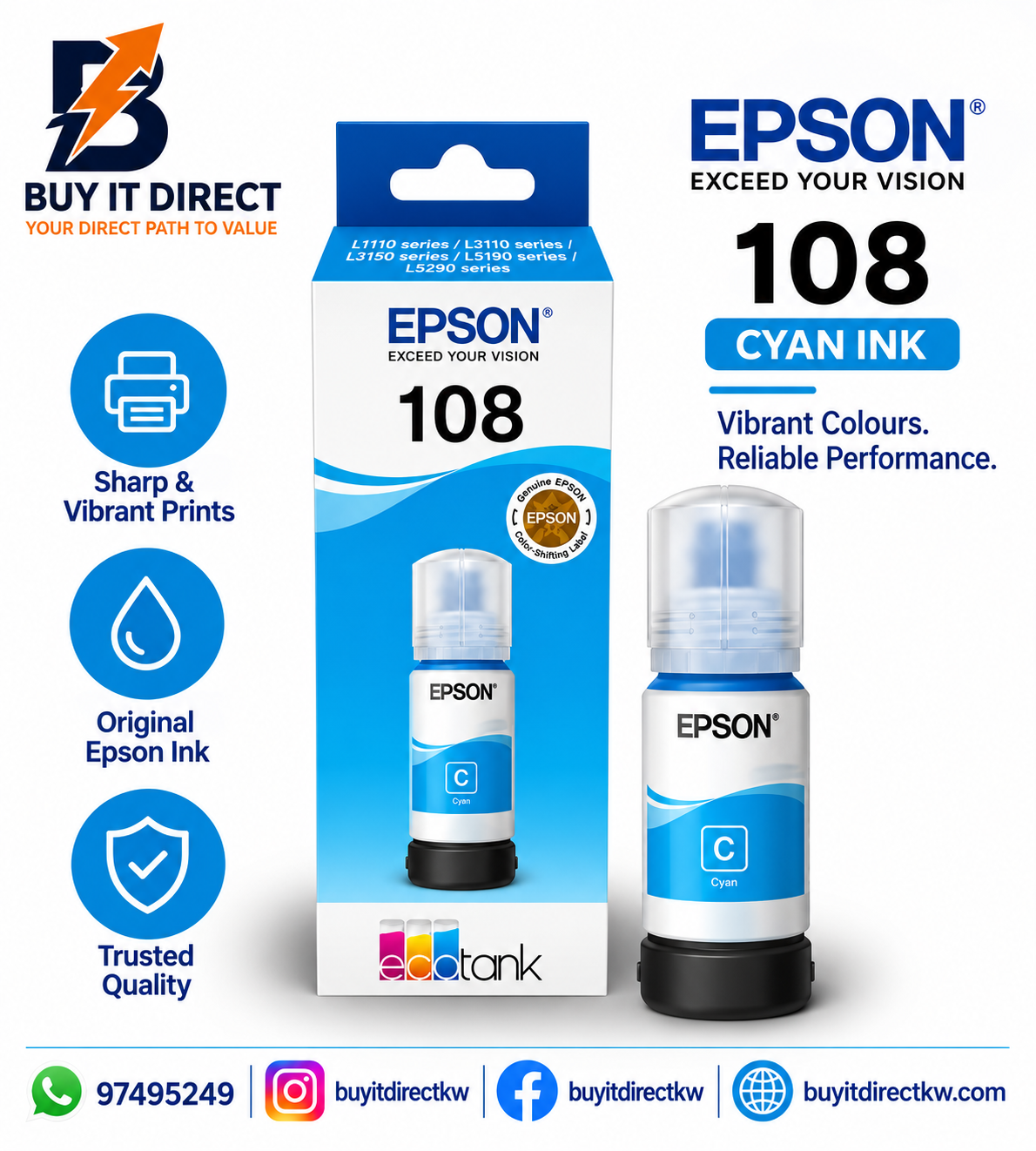Epson 108 EcoTank Cyan Original Ink Bottle 70 ml – C13T09C24A