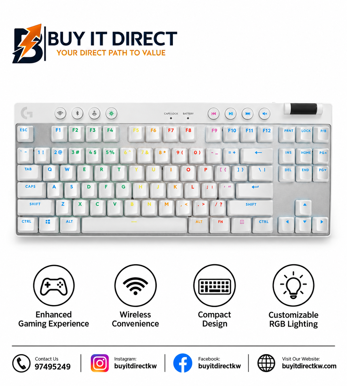 لوحة مفاتيح الألعاب Logitech G PRO X TKL LIGHTSPEED اللاسلكية بمفاتيح GX Brown Tactile باللون الأبيض