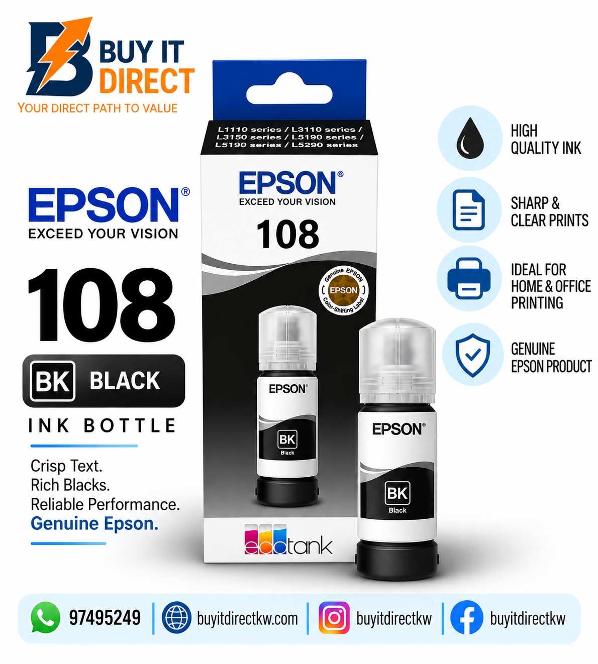 Epson 108 EcoTank Black Original Ink Bottle 70 ml – C13T09C14A