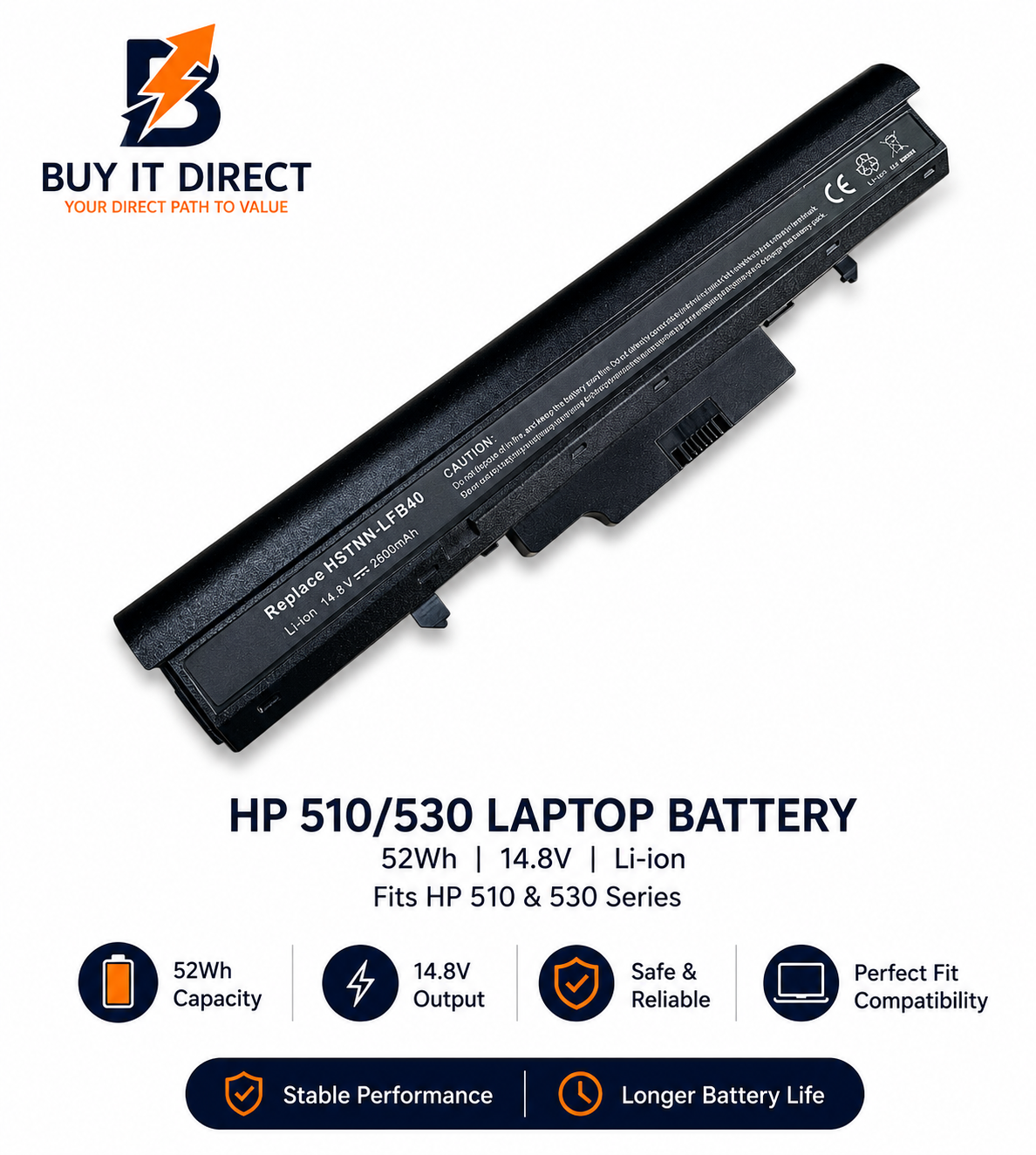 بطارية لابتوب اتش بي 510530 بسعة 52 واط ساعة 14.8 فولت متوافقة مع سلسلة HP 510 و530