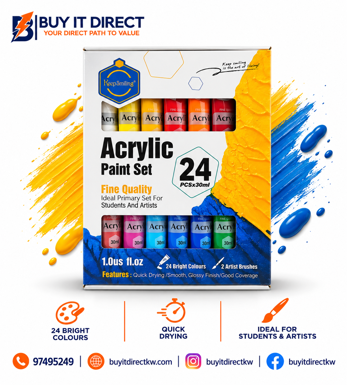 Keep Smiling Acrylic Paint Set 24 Pcs x 30 ml
