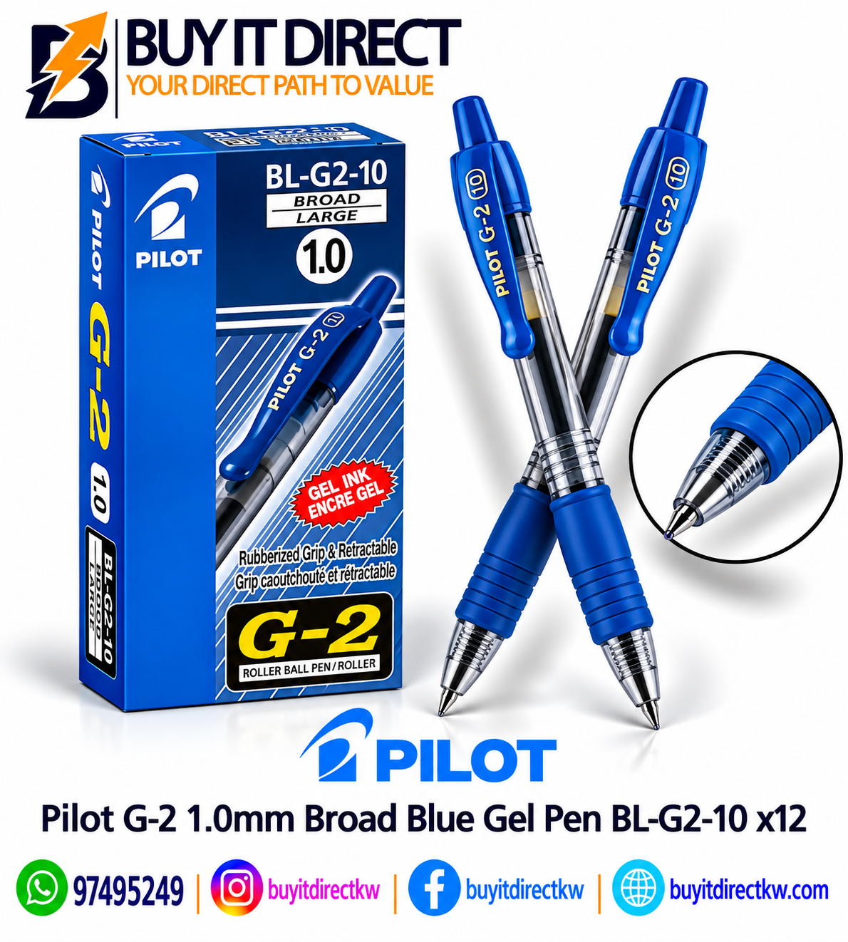 Pilot G-2 1.0mm Broad Blue Gel Pen BL-G2-10 x12