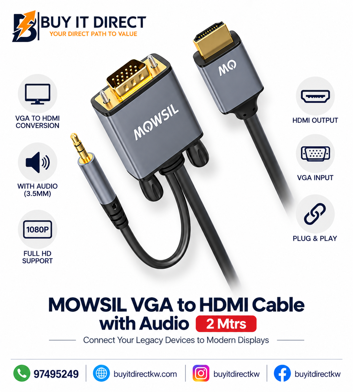 كابل MOWSIL من VGA إلى HDMI مع صوت 2 متر