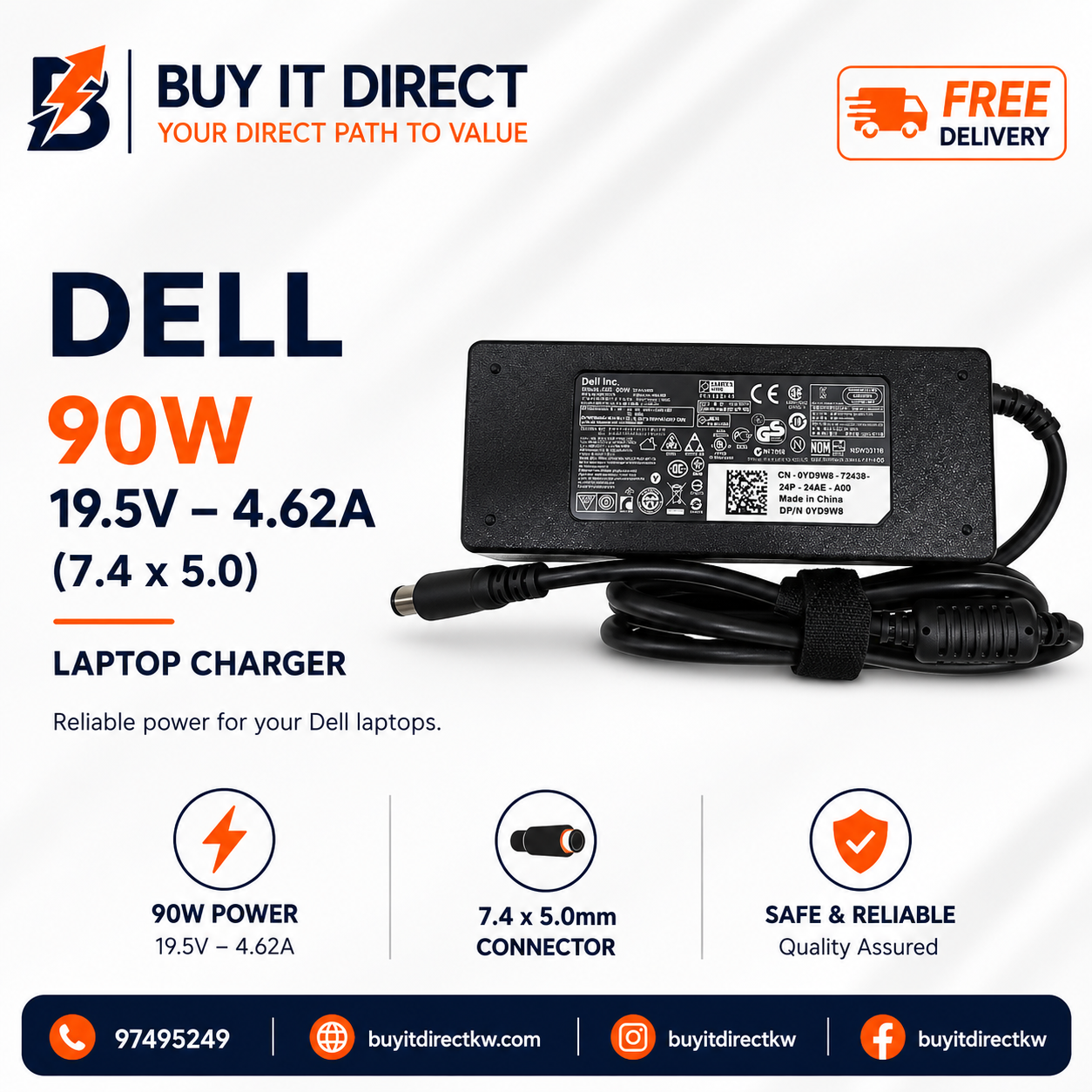 شاحن لابتوب Dell بقوة 90 واط 19.5 فولت 4.62 أمبير مع كابل طاقة 7.4 × 5.0 مم