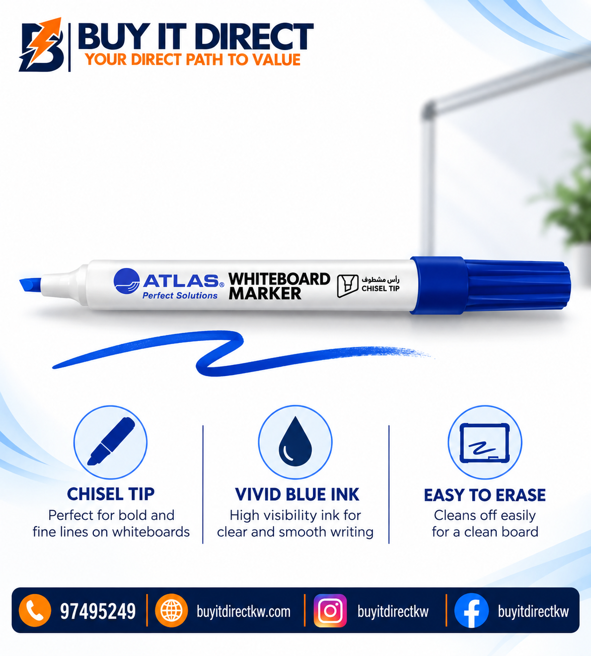 Atlas Whiteboard Marker Blue Chisel