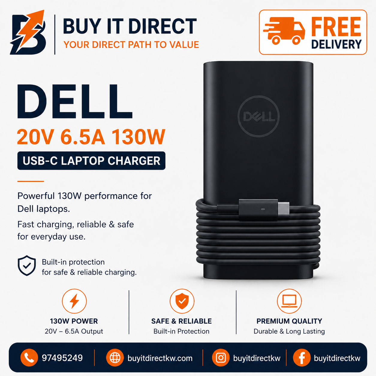 شاحن لابتوب Dell بقوة 130 واط 20 فولت 6.5 أمبير USB-C Type-C مع كابل طاقة