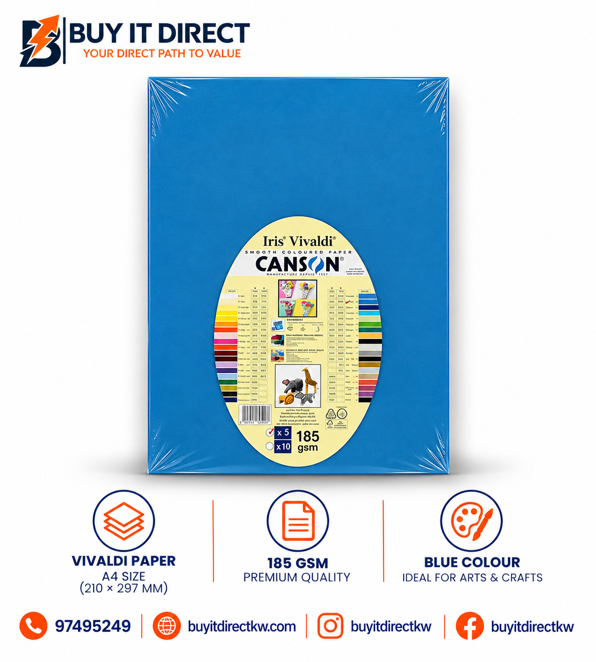 Canson Iris Vivaldi A3 Paper 185 GSM Azure Blue 5 Sheets