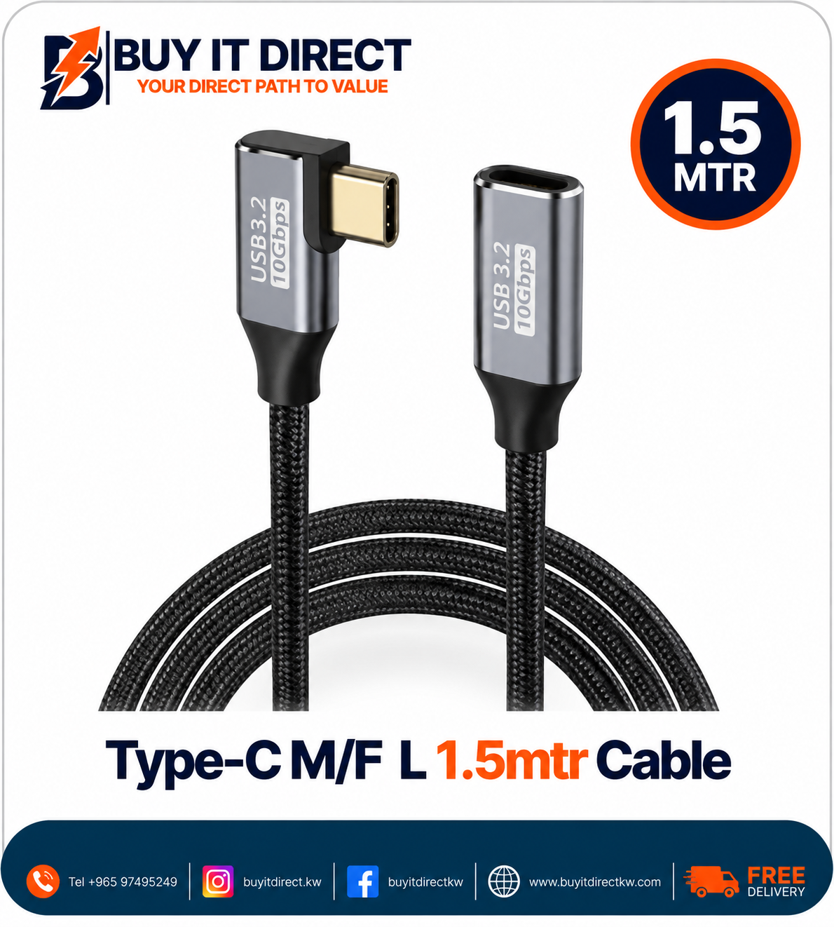كابل Type-C ذكر أنثى بزاوية L بطول 1.5 متر
