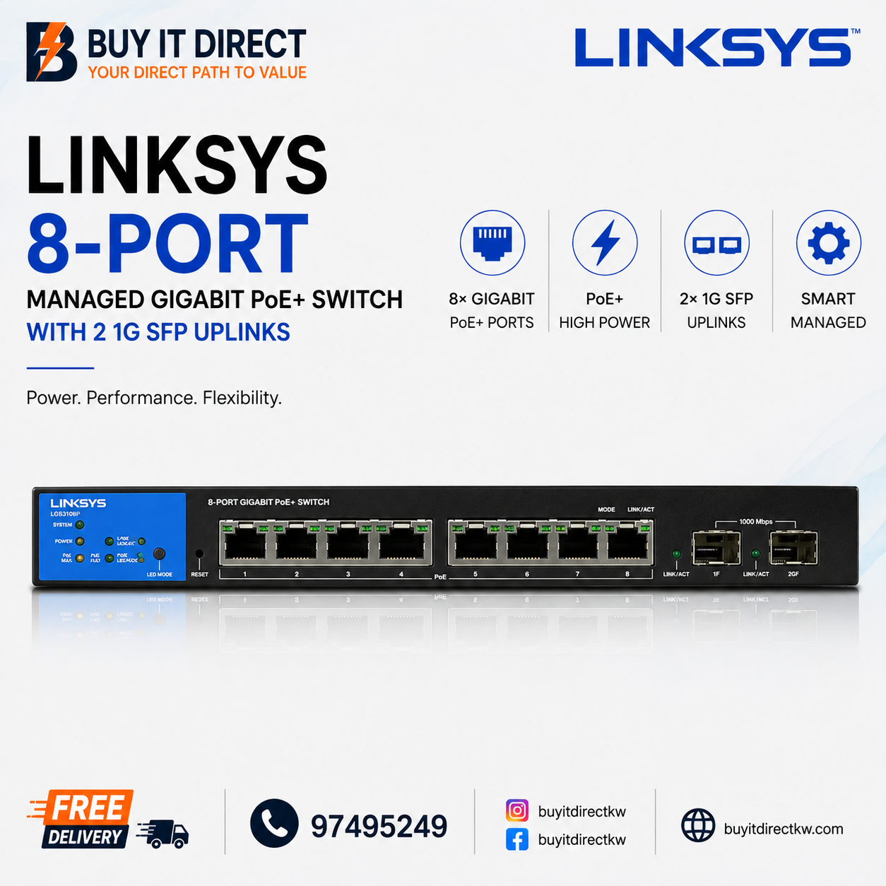 Linksys LGS310MPC 8 Port Managed Gigabit PoE Plus Switch with 2 1G SFP Uplinks