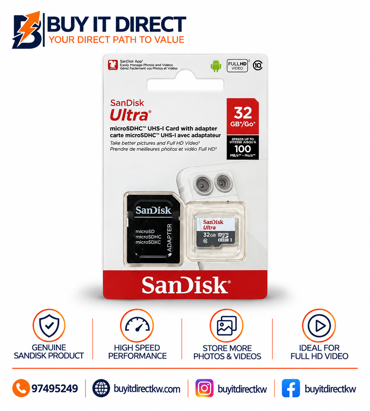 SanDisk Ultra 32GB microSDHC UHS-I Memory Card with SD Adapter