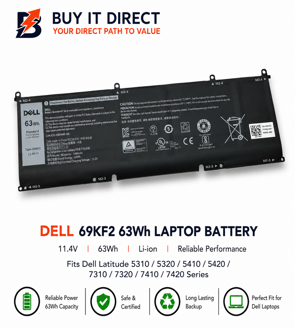 DELL 69KF2 Laptop Battery 63Wh Fits Latitude 5310 5320 5410 5420 7310 7320 7410 7420 Series