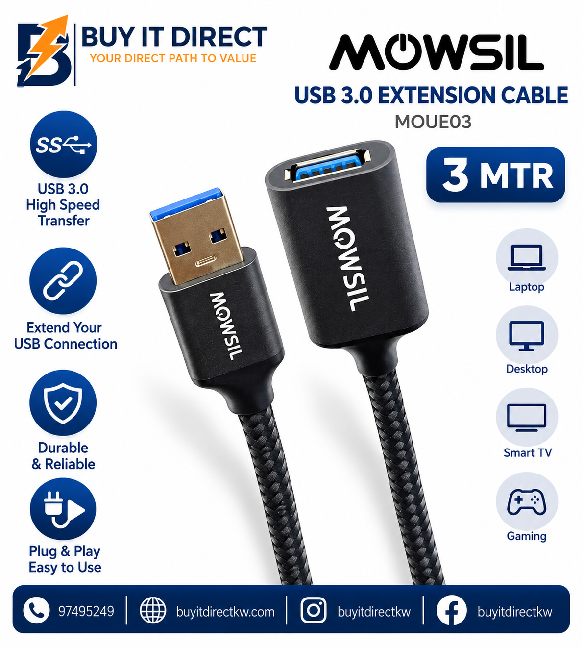 كابل تمديد MOWSIL USB 3.0 بطول 3 متر MOUE03